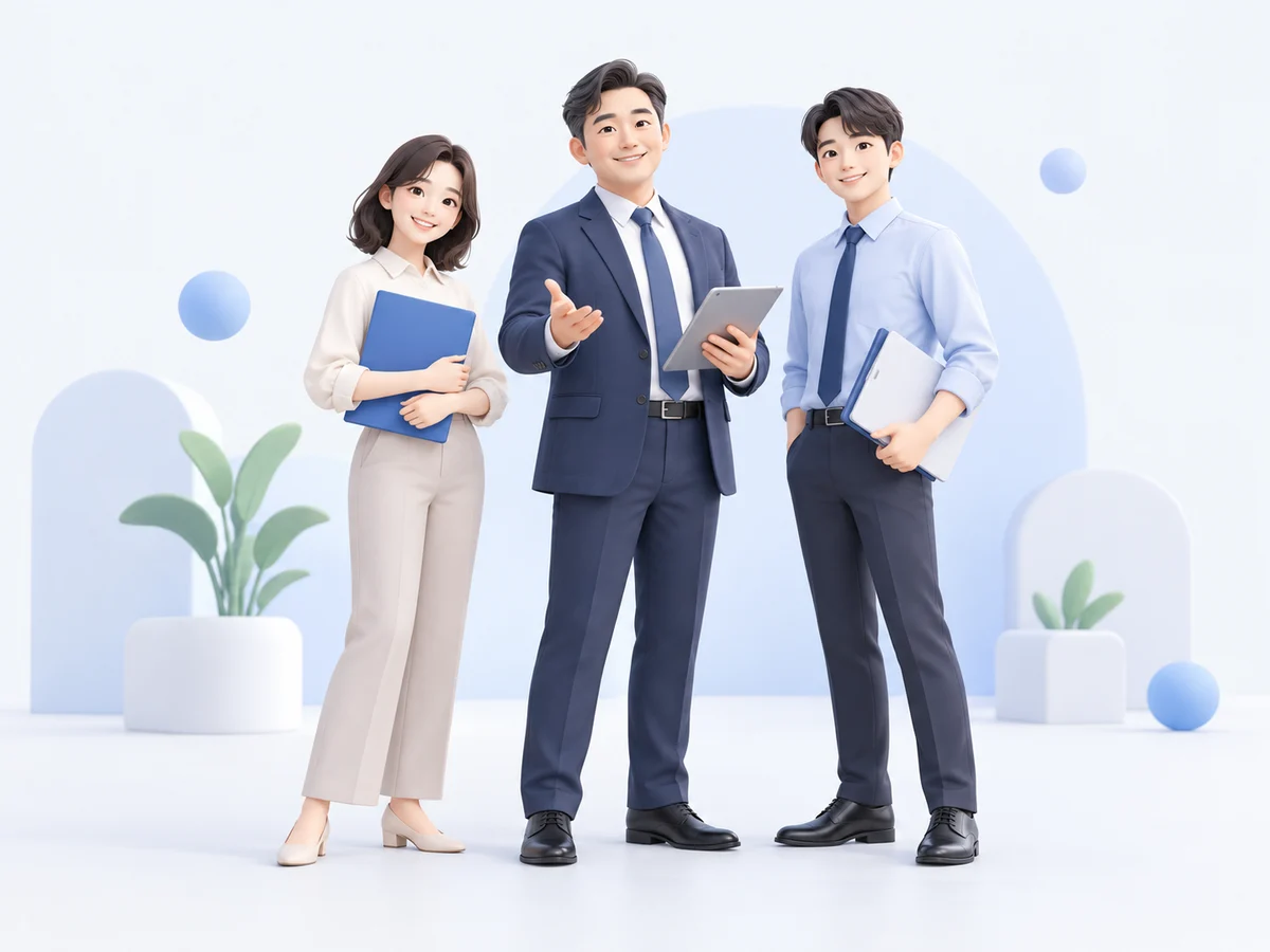 다양한 경력을 가진 협력 행정사 세 명의 일러스트