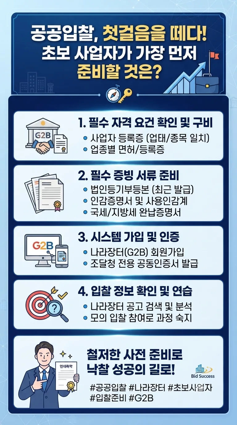 초보 사업자가 공공입찰 참여 전 가장 먼저 준비할 것 · 입찰가이드 안내 이미지