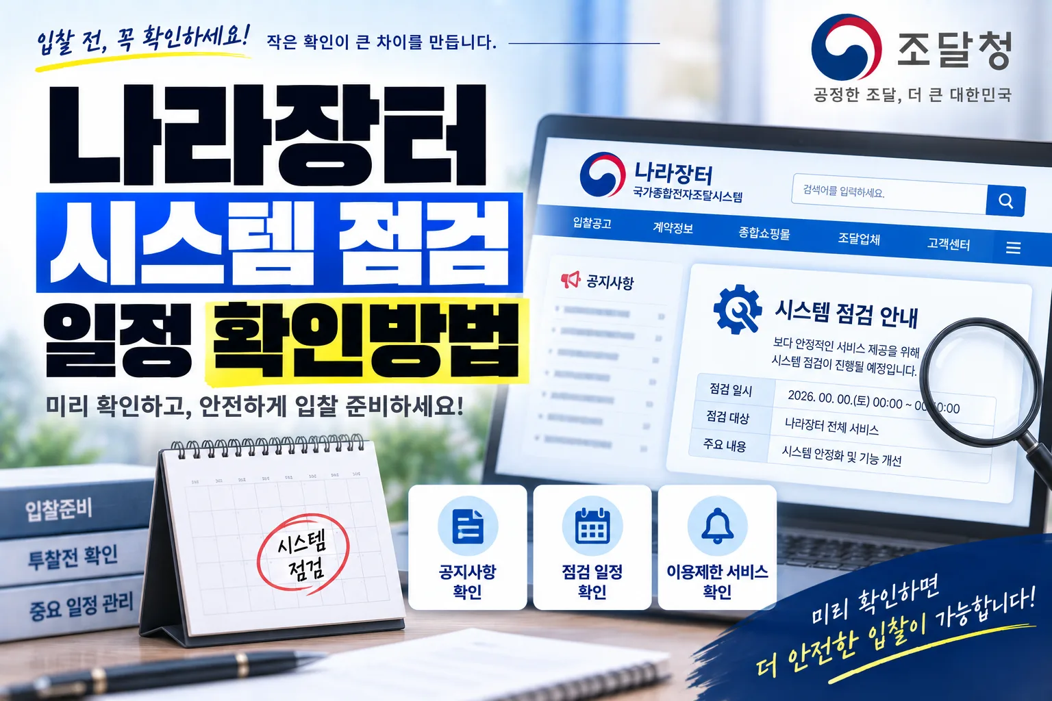 나라장터 시스템 점검 일정 확인방법 · 조달뉴스 안내 이미지
