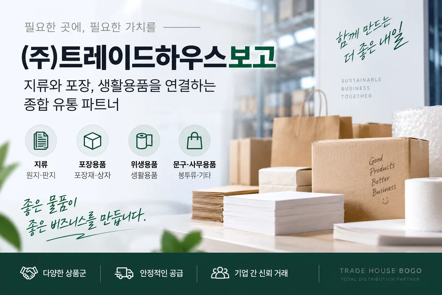 지류·포장·생활용품 유통을 이어온 (주)트레이드하우스보고 · 기업소식 › 물품·유통 안내 이미지