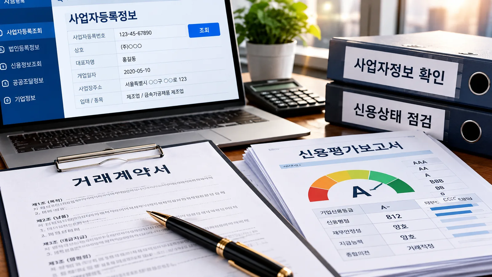 신규 거래처와 계약 전 사업자정보 및 신용상태 확인방법을 설명하는 이미지
